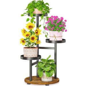LASZOLA 3 Tier Metal Plant Stand for Indoor Corner, Heavy Duty Wooden Flower Holder Rack for Mutiple Plants, Planter Display Shelf for Patio Garden Balcony Living Room, Black