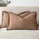 Foindtower Set of 2 Decorative Linen Fringe Lumbar Throw Pillow Covers Boho Farmhouse Cushion Cover with Tassels Soft Accent Pillowcase for Couch Sofa Bed Living Room Home Decor,1220Inch,Khaki Brown (20" x 12" (Pack of 2), Brick)