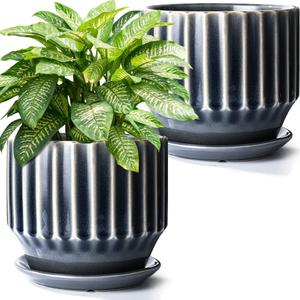 AISBUGUR Plant Pots 6 inch Ceramic Pots for Indoor Plants Set of 2 Flower Pots Unique Crackle Glaze Design Plant Pots with Drainage Hole and Saucer Come with Drainage Nets (Grey) (Gray)