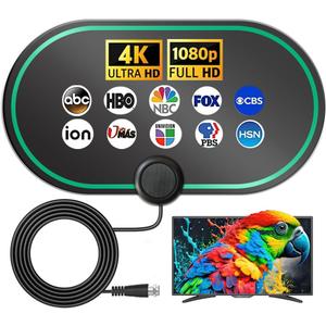 TV Antenna for Smart TV Indoor, HD Digital TV Antennas Long Range Signal Reception Up to 900 Miles, Support 4K 1080p All TVs, Easy Installation, Tv Receiver for Local Channels 10ft HDTV Coax Cable