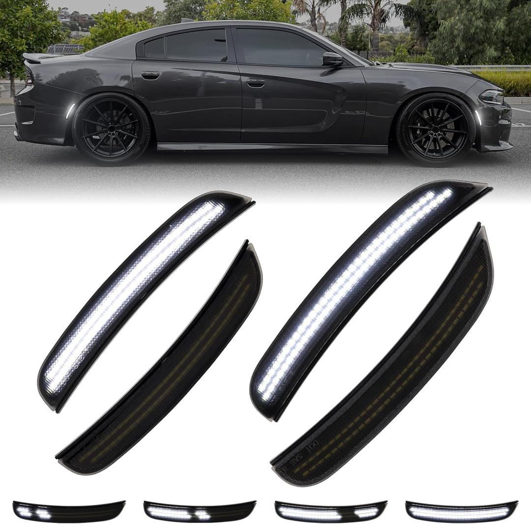 Dynamic White LED Side Marker Lights for Dodge Charger 2015 2016 2017 2018 2019 2020 2021 2022 2023 2024, Smoked Lens Front Rear Charger Bumper Reflector Lamp, 4PCS