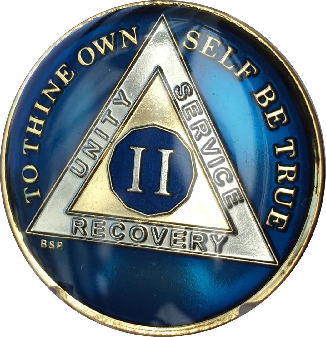 2 Year Midnight Blue AA Alcoholics Anonymous Medallion Chip Tri Plate Gold & Nickel Plated Serenity Prayer