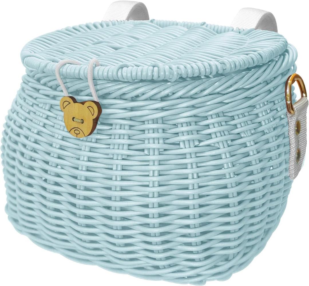 Kids Bike Basket Set, Scooter Tricycle Basket, Children's Finely Woven Backpack with Lid Shoulder Strap Front Handlebar Rattan Basket (Blue)