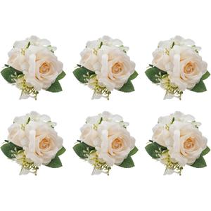 Champagne Pocket Boutonniere for Men Wedding,Set of 6,Groom Groomsman Boutonnieres Artificial Rose Hydrangea Berry Corsage for Prom Ceremony Party Homecoming