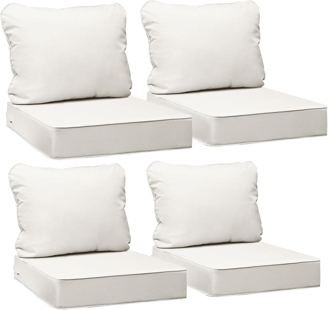 AAAAAcessories Outdoor Chair Cushions, 24 x 24 x 5 + 19 in, Set of 4 | Patio Furniture Replacement Seat Cushions, Fade-Resistant, Waterproof, Removable Cover with Ties, Linen White