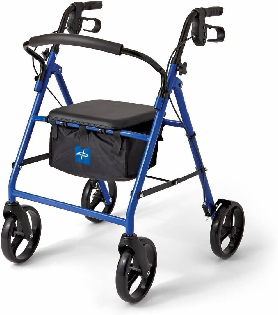 Medline Steel Rollator Walker for Adult Mobility Impairment, Blue, 350 lb. Weight Capacity, 8 Wheels, Foldable, Adjustable Handles, Rolling Walker for Seniors