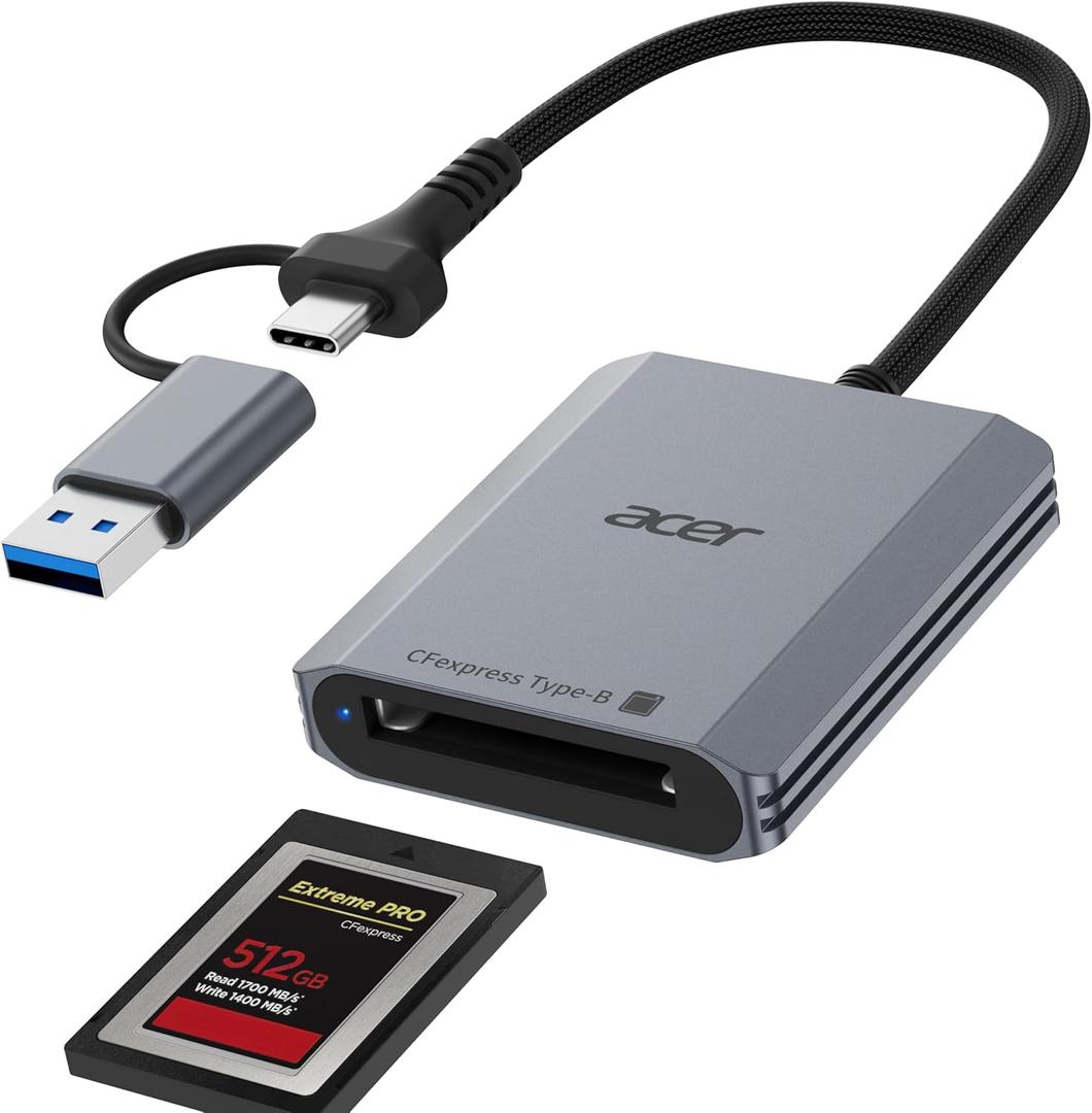 Acer CFexpress Type B Card Reader, 10Gbps USB 3.2 Gen 2 CF Express Type B Card Adapter, 2-in-1 USB-C&USB-A CFB Card Reader Compatible with iPhone 17/16/15, Laptop, MacBook Neo/Pro/Air, iPad, Android