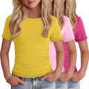 3 Pack Girls Boat Neck Tops | Short Sleeve, Slim Fit, Side Ruched, Casual, Summer, Cute, Basic, Kids, School, Play, for Girls