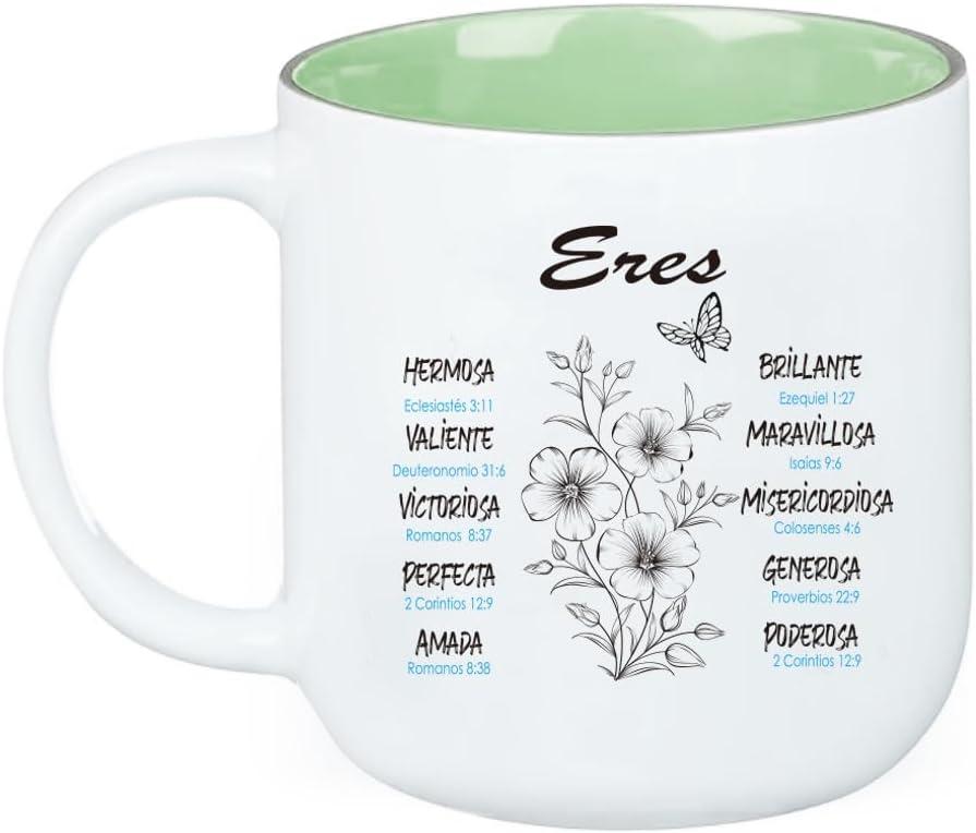 1step2dream Spanish Christian Coffee Mug | Sage Green Floral Ceramic Coffee Mug  13 oz. Microwave and Dishwasher-safe Inspirational Scripture Gift for Women with Bible Verse