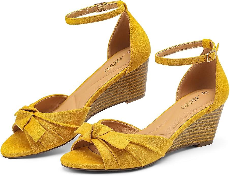 Women's 2.36 Inch Wedge Heel Sandals Peep Open Toe Adjustable Ankle Strap Bow Knot Dressy Comfort Summer Shoes for Wedding Party Work Daily Vacation Size 7