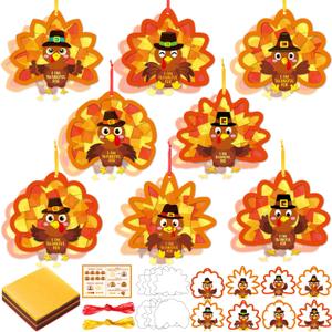Funrous 32 Set Thanksgiving Turkey Suncatcher Craft Kit Autumn DIY Hanging Ornaments Window Stained Glass Effect Art Colorful Tissue Paper Crafts Fall Thanksgiving Home Classroom Decorations Supplies