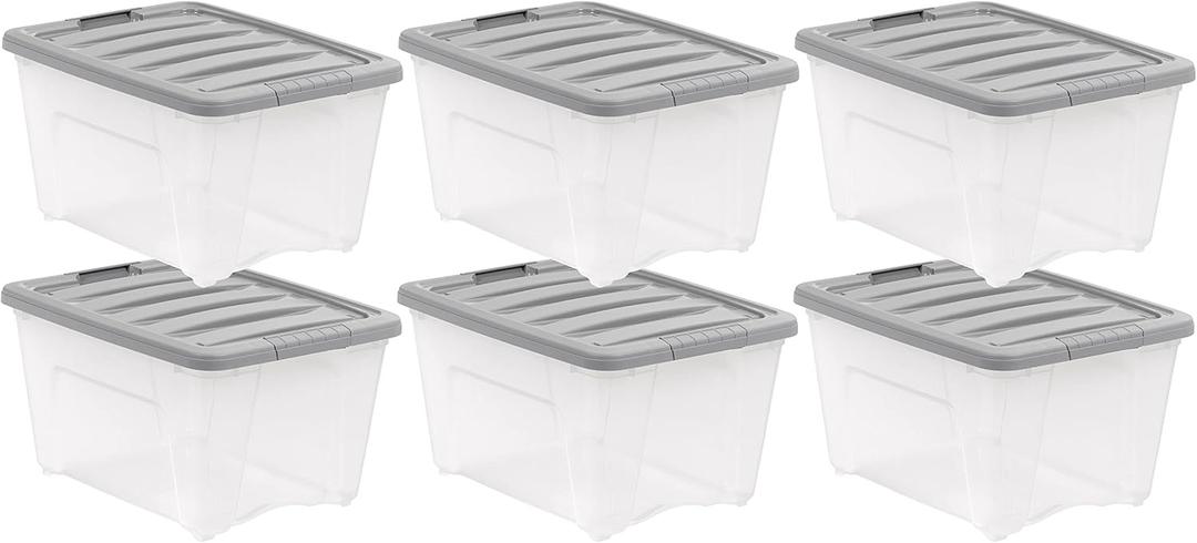 Amazon Basics Plastic Storage Bins with Latching Lids, Stackable, 32 Quart, Clear/Grey, Set of 6