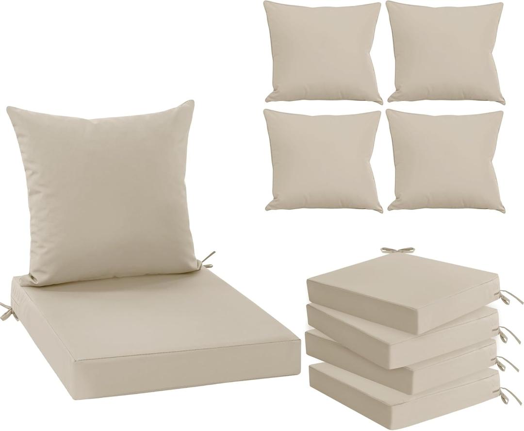 Outdoor Chair Cushions Set of 4, Waterproof Backrest and Deep Seat Cushion Set for Patio Furniture, Outdoor Sofa Replacement Cushions with Removable Cover, 24 x 24 Inch, Cream