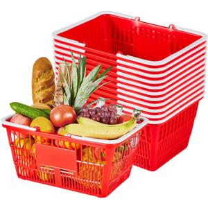 VEVOR Shopping Baskets, 12 PCS, 21L Stackable PE Plastic Grocery Baskets with Handles, Dense Mesh Structure, Holds up to 20 lbs, Portable for Grocery, Retail, Stores, Supermarket, Home Use, Red