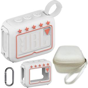 JCHPINE Silicone Cover and Hard Travel Case for JBL Go 4 Ultra Portable Bluetooth Speaker, Accessories for JBL Go 4 Pro Sound Bluetooth Speaker Stand Up Holder (White Case)