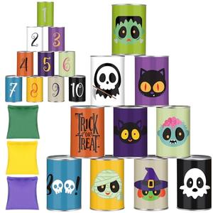 ShinyRelief Halloween Game Sets 7 Pcs Bean Bag Toss Ghost Cat Carnival Knockdown Can Throwing Game