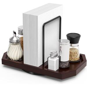 Napkin Holder for Table, Rotating Napkin Dispenser with Salt and Pepper Shakers Storage, Standing Paper Napkin Organizer for Kitchen Dining Table Decor (1, Brown)