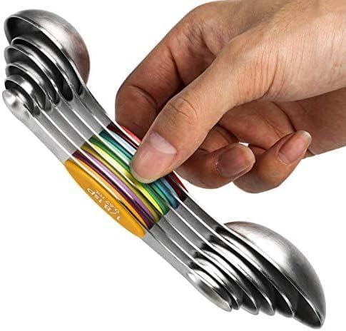 Magnetic Measuring Spoons Set of 6 Stainless Steel Dual Sided Stackable Teaspoon for Measuring Dry and Liquid Ingredients (Color)