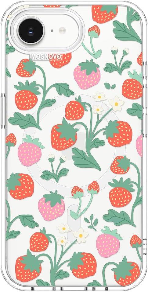 MOSNOVO for iPhone 17e Case/iPhone 16e Case, Compatible with Magsafe, Shockproof Military-Grade Protection, Magnetic Clear Phone Case for iPhone 17e / 16e, Strawberry Garden Design