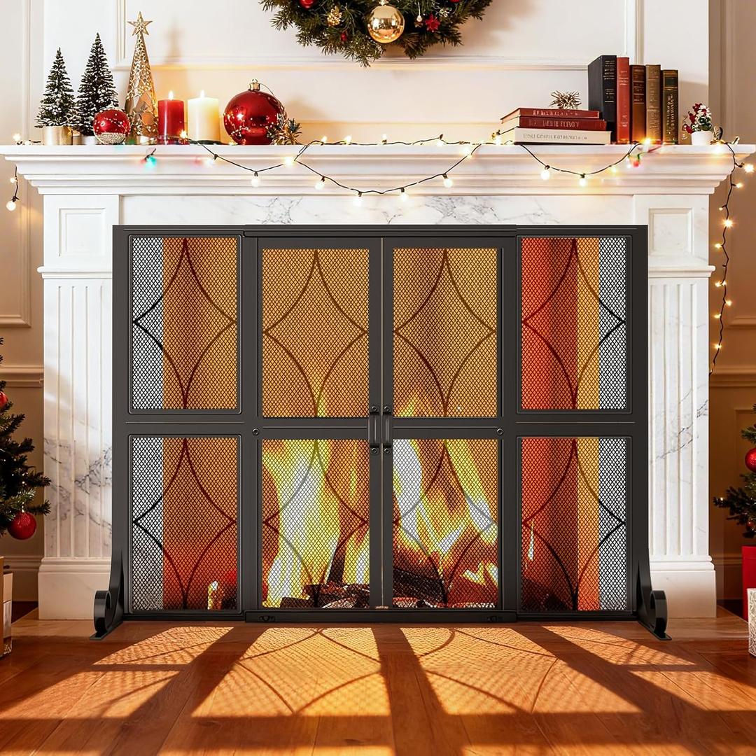 Terracove Fireplace Screen with Sliding Doors, 37.8" W x 30.7" H Modern Wrought Iron Spark Guard Cover for Christmas Decorative, Baby and Pet Proof, Large