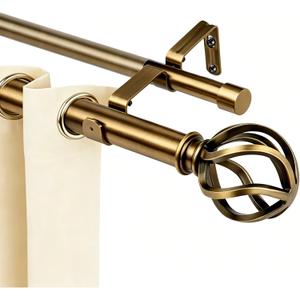 Brass Double Curtain Rods, Heavy Duty Decorative Drapery Rod 36-72 Inches, Telescoping Drapery Rod with Twisted Cage Finials