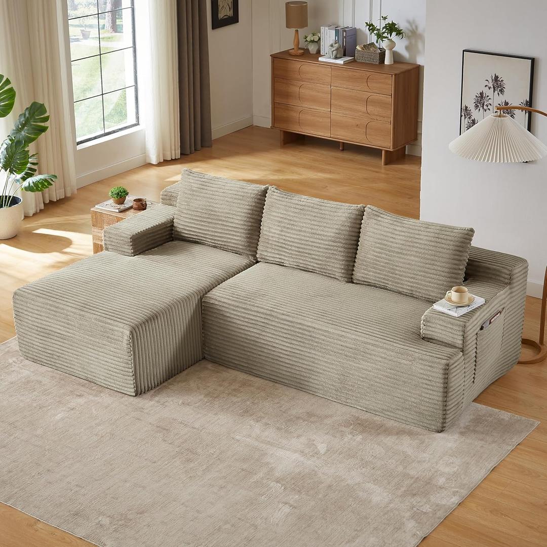 96" L Shaped Cloud Sectional Couch with Chaise, Deep Seat Modular Sectional Sofa Corduroy Memory Foam Sofa Boneless Couches for Living Room Bedroom, No Assembly Required