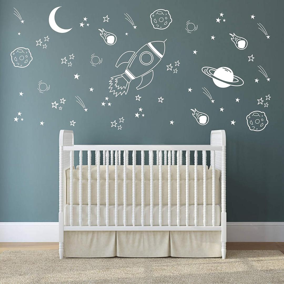 Space Wall Decal for Nursery, Outer Space Decor, Rocket Ship, Boy Room Decor, Planets for Baby Boys Nursery A37 (White)