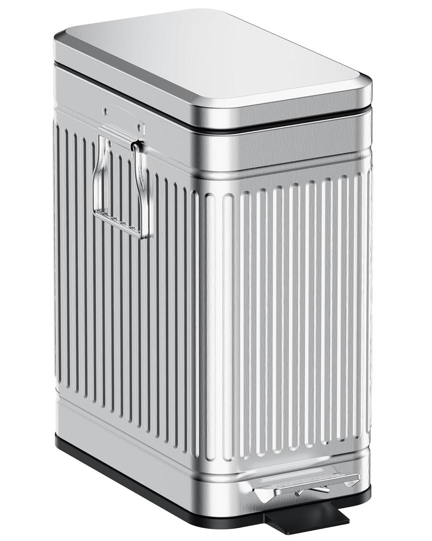 Small Trash Can with Lid Soft Close-10L/2.6 Gal Stainless Steel Outdoor Dog Poop Garbage Can-Metal Waste Bins with Pedal for Bathroom Bedroom Office-Silver