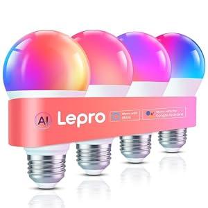 Lepro B1 AI Smart Light Bulbs - WiFi & Bluetooth RGBWW Color Changing LED Bulb Works with Alexa & Google Assistant, Personalized Al Lighting Designer, AI Voice Control, Music Sync, 2.4GHz Only, 4 Pack