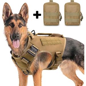 Tactical Dog Backpack Harness for Large Breed Original Design Metal Buckle Vest with Side Bags Pouches for Service Working Training (Khaki (With 2 Pouches), XL)