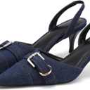 Women's Kitten Heel Pointed Closed Toe Slingback Pumps Comfort Low Heel Slip On Metal Buckle Pumps Fashion Wedding Prom Dressy Sandal Pumps for Women Dark Blue Denim Size 9