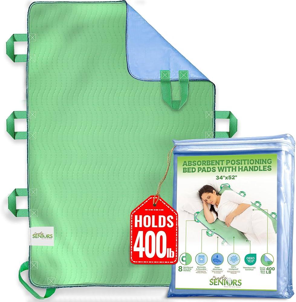 Absorbent Positioning Bed Pads for Elderly with 8 Handles 34"x52" 2 Pack of Washable Waterproof Incontinence Draw Sheets  Reusable Bed Mobility Under Pads for Seniors Disabled & Bedridden Patients