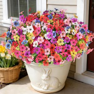 16 Bundles Artificial Flowers for Outdoors, Realistic Fake Silk Flowers for Outside, UV Resistant Faux Plants for Outdoor Planter, Hanging Basket - Porch Spring Easter Decor(8 Colors)