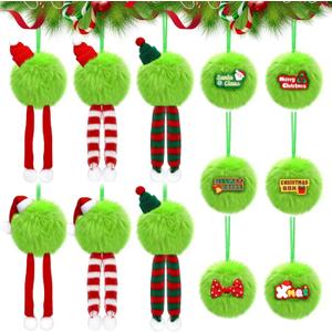 JULMELON 12 Pcs Lime Green Furry Christmas Ball Decor, 3.15 Inch Whimsical Christmas Tree Ornaments Balls with Santa hat Xmas Green Furry Ornaments Ball Hanging Tree Decorations for Home Party Decor