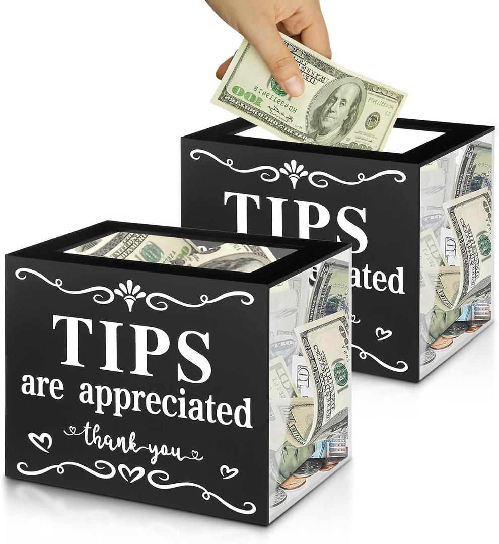 2 Pack Acrylic Tip Jar with 4 Paste Hooks 4 Expansion Screws Money Storage Container Suggestion Box Raffle Cash Bucket for Bartender Restaurants Bars Musicians, 6 x 4 x 5 Inch
