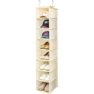 Hanging Shoe Organizer for Closet with Side Mesh Pockets，Hat Racks for Baseball Caps，Shoe and Hat Holder & Storage，8-Shelf，Beige，1 Pack