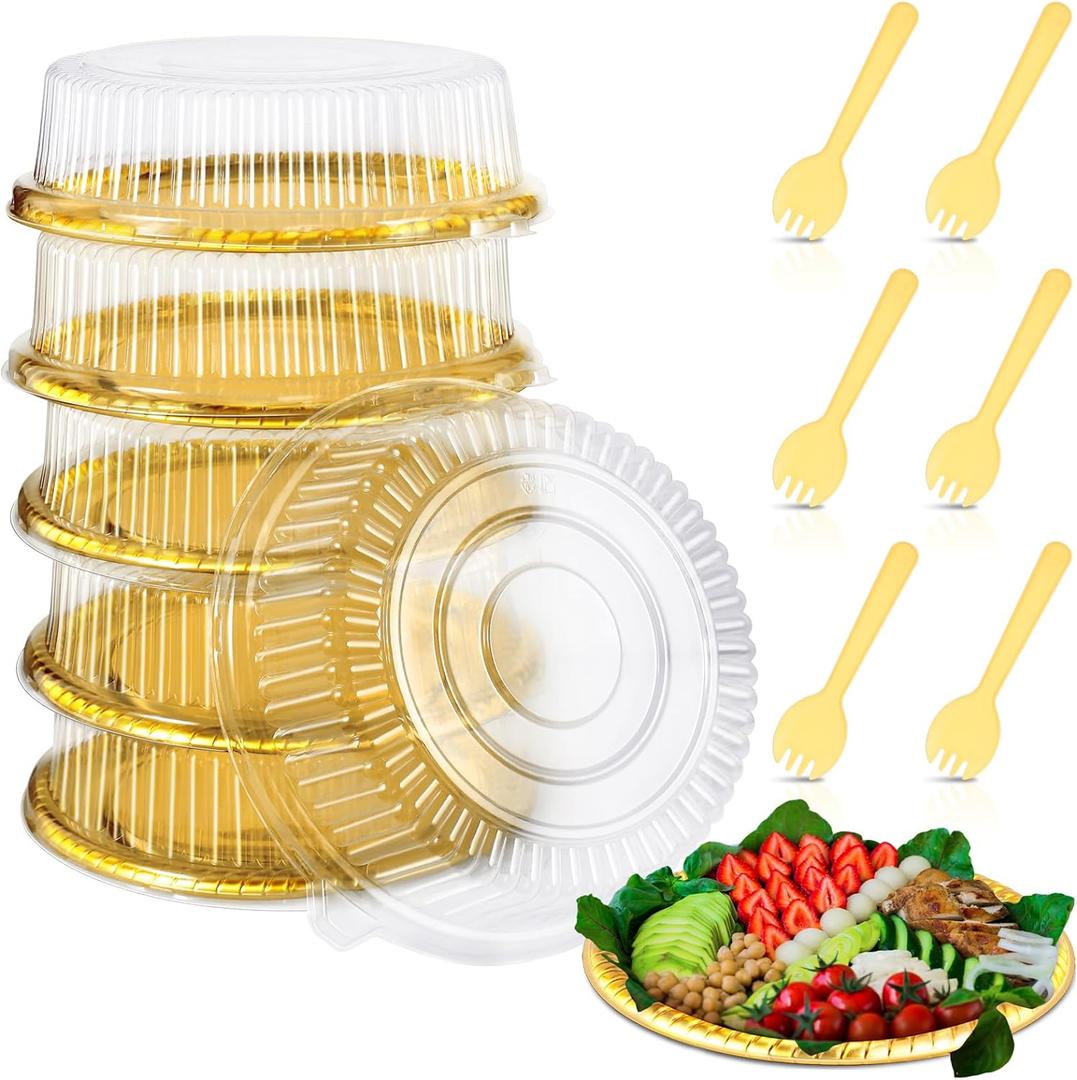 Tessco 6 Pack Plastic Serving Platters with Lid and Sporks, Disposable Heavy Duty Party Tray Round Catering Tray Containers for Food Salad Sandwich Takeout Picnic Supplies(12 Inch,Gold, Yellow)