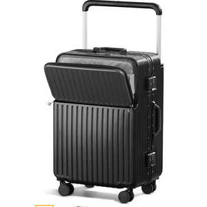 20" Aluminum Frame PC Hard Shell Spinner Suitcase for Travel, Cabin Luggage Airline Certified, 360° Spinner, TSA Lock, Cup and Phone Holder, USB Charging Port, Sky Blue (Black, 20 in)