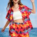 ALLTB Women's 2 Piece Outfits Hawaiian Tropical Print Open Front Button Down Short Sleeve Shirts Beach Boho Style Shorts Set (Orange, M)