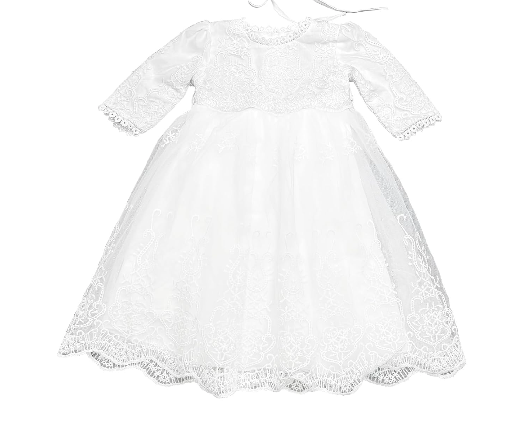 Baby Girls Long Sleeve Christening Dress Classic Embroidered Baptism Tulle Dress, 12M