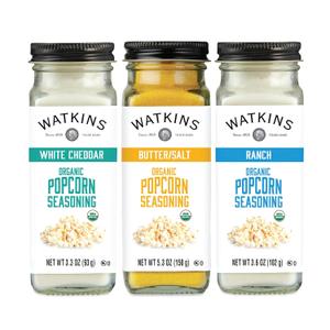 Watkins Popcorn Seasoning Multi-Flavor Variety Pack, 3-Pack (1 White Cheddar 3.3 oz., 1 Butter/Salt 5.3 oz., 1 Ranch 3.6 oz.) (4.07 Ounce (Pack of 3)) BB Date Mar 17 2027