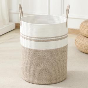 Laundry Basket Hamper Tall Rope Storage Woven for Blanket toys Dirty Clothes in Living Room Bathroom Bedroom (Brown&White, 100L/26.4Gal)