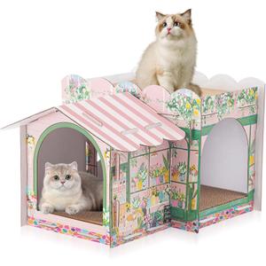 Lineshading 2 Story Cardboard Cat House with Scratcher Pad, Multi Level Durable Cat Scratcher House for Small Kitten Bunny Rabbit Animals Christmas Birthday Gift(17x12x10,Florist)