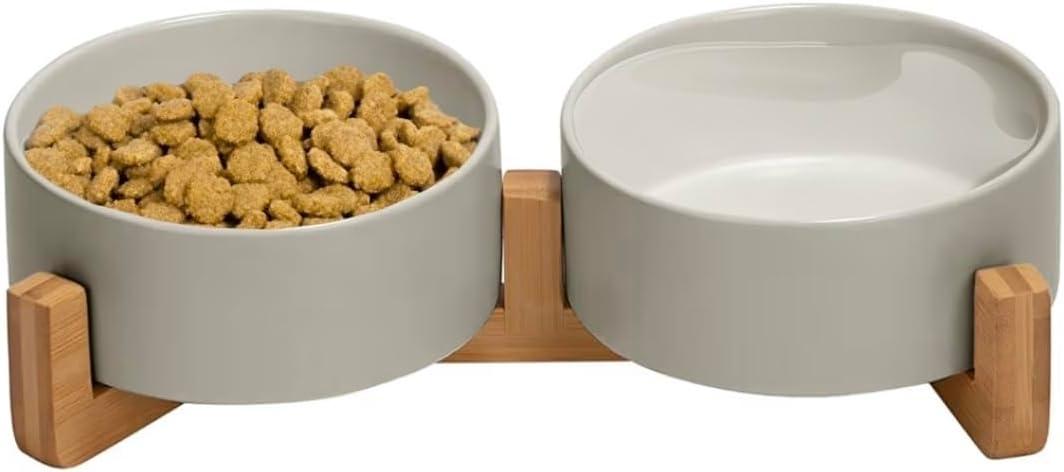 Ceramic Cat and Small Dog Bowl Set  Modern Indoor Small Size Pet Food and Water Bowls with Wood Stand  Non Slip Puppy Sized Feeding Station with Double Dishes (Gray)