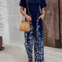 XNC Women's Casual Jumpsuits 2025 Summer Trendy Wrap V Neck Short Sleeve Wide Leg Pants Floral Print Rompers with Pockets (L)