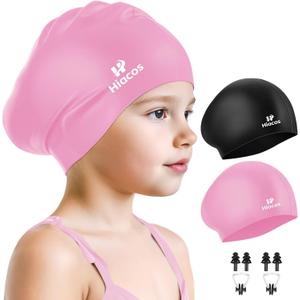 2 Pack Kids Swim Cap for Girls Boys, 2 Size Silicone Swimming Cap for Toddlers Children Teens, Waterproof Swim Hatsfor Long Hair to Keep Hair Dry (8T-15T, Black+Pink)