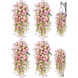Artificial Hanging Flowers for Outdoors, 4 PCS UV Resistant Morning Glory Flowers with Eucalyptus Leaves, Silk Fake Flower Realistic Faux Plants for Home Patio Porch Garden Decor, White+Pink