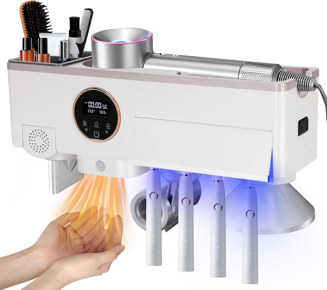 Toothbrush Holder Cleaner, Smart Automatic Toothbrush & White Hair Dryer Holder, Sensor Light, Touch Screen Timer, Bathroom Wall Accessories Organizer