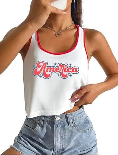 American Flag Shirt 4th of July Outfits for Women Patriotic Crop Tank Top Red White and Blue Sleeveless Tee Tops, XXL