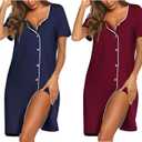 Ekouaer Nightgowns for Women 2 Pack Button Down Sleepshirt Short Sleeve Nightshirt Soft Sleepwear V Neck Pajama Dress (Large)